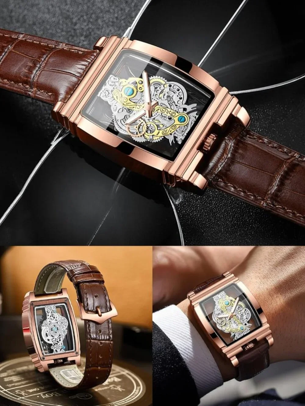 Luxury Hollow Skeleton Watch - Retro Gear Design, Large Dial, Leather & Steel